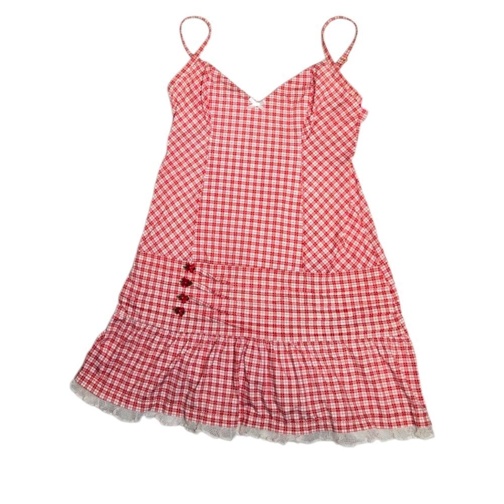 NEWβBetsey Johnson Y2K redβ gingham plaid ruffle swim dress swimsuit M RARE